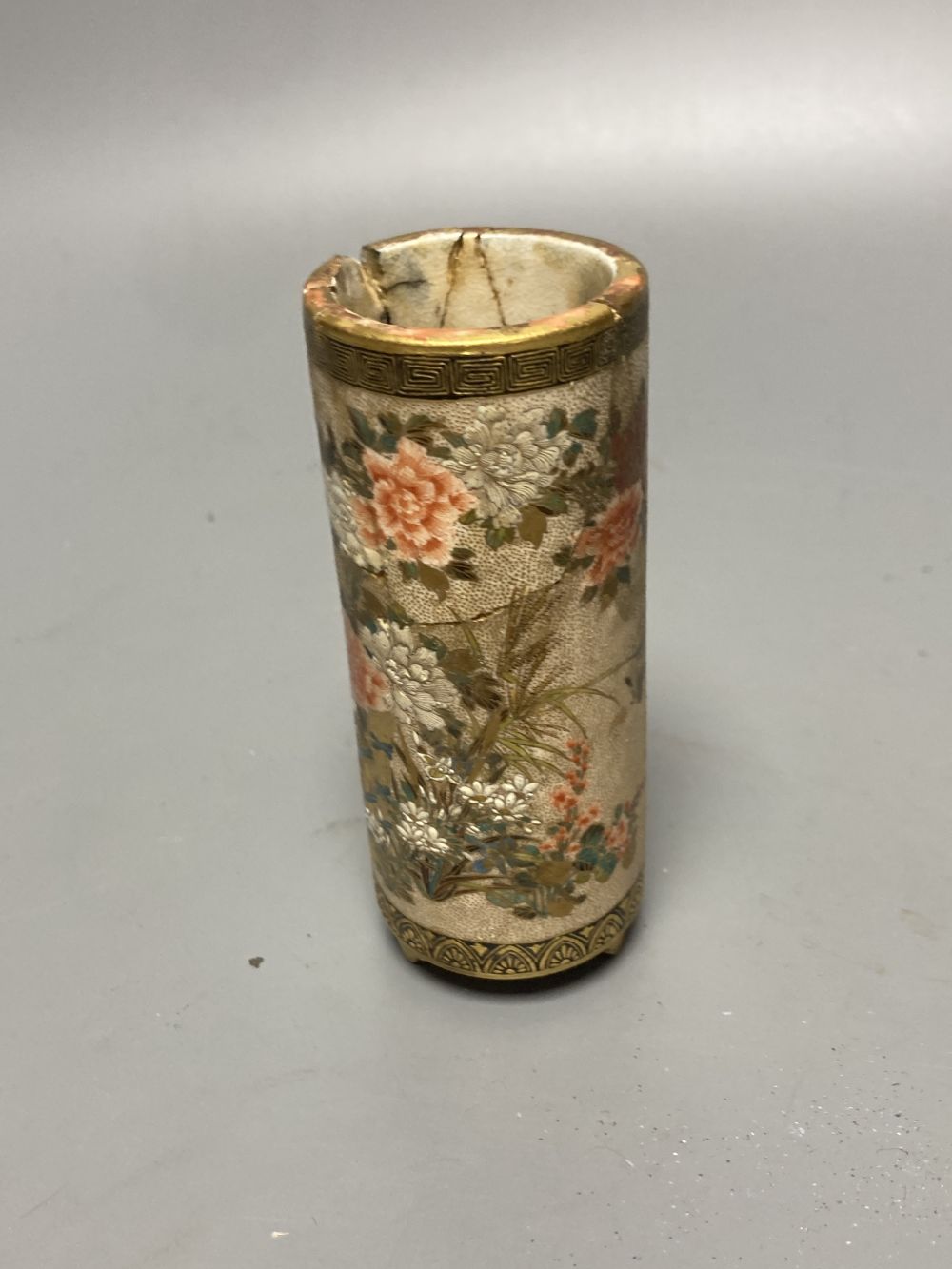 A Japanese satsuma brush pot (a.f.), a similar cloisonne vase and a porcelain tile, tallest 18cm